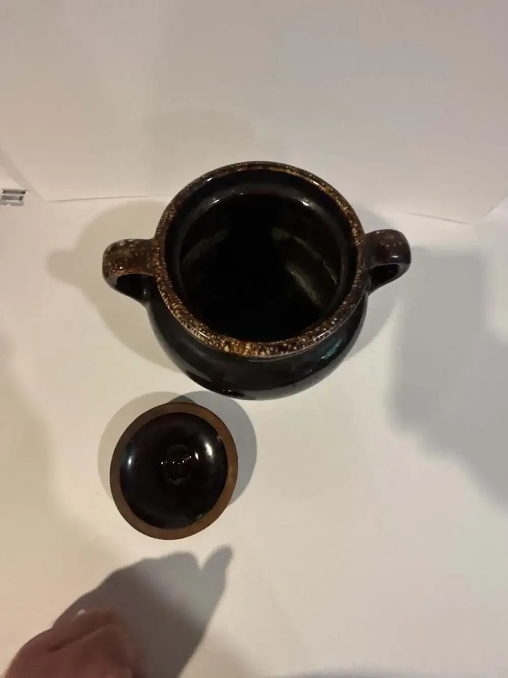 Vintage USA Brown Drip Glaze Stoneware Bean Pot with Lid